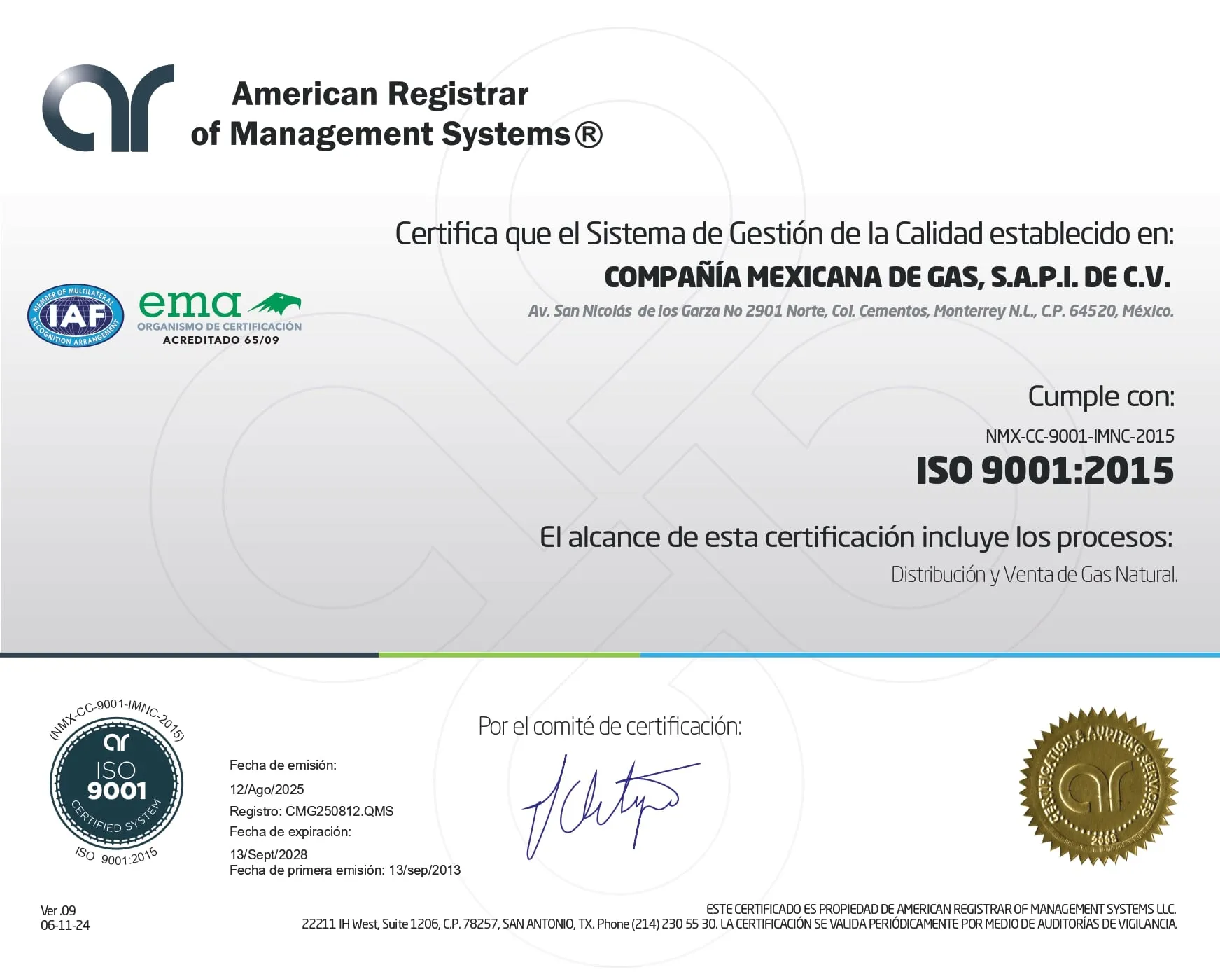 Certificado ISO 9001:2015 Compañía Mexicana de Gas